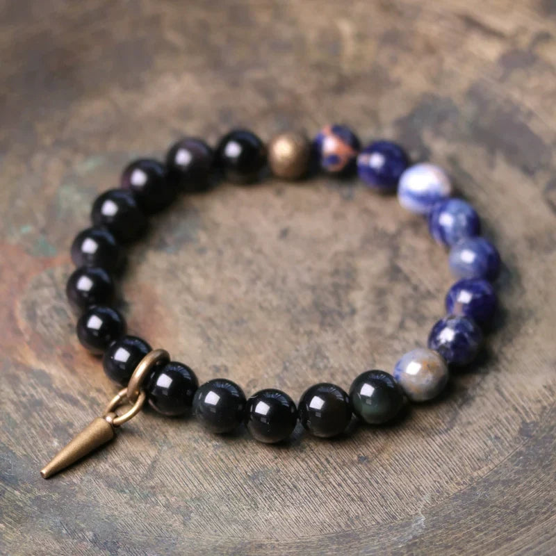 Tibetan Obsidian Bracelet with Colorful Beads for Protection & Balance