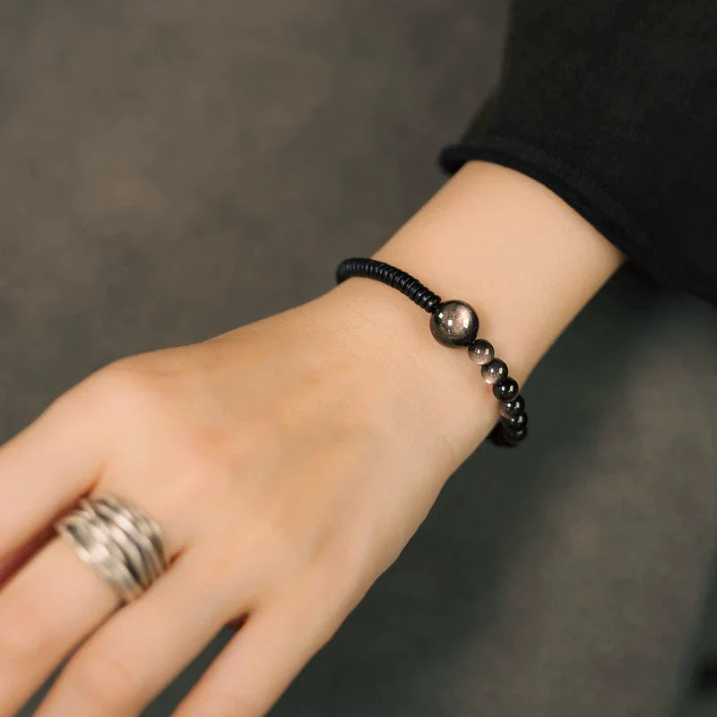 Ebony Wood & Cat's Eye Silver Obsidian Bracelet for Protection & Inner Clarity