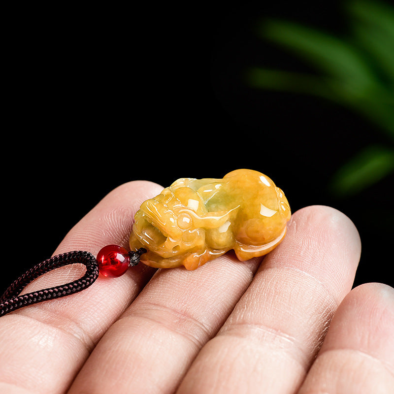 Natural Burmese A-Grade Jadeite Pixiu Pendant – Yellow-Tinted Jade, Protective Talisman