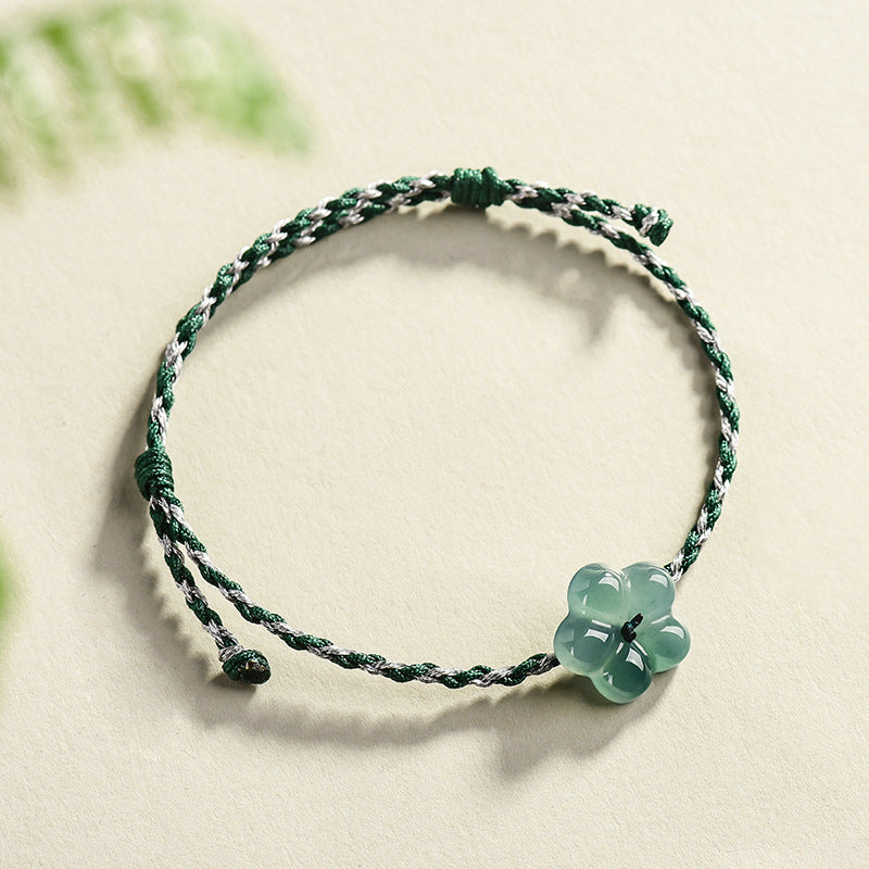 Natural A-Grade Blue Water Jadeite Peach Blossom Bead Bracelet – Handcrafted Braided Cord, Spiritual Protection & Blessings