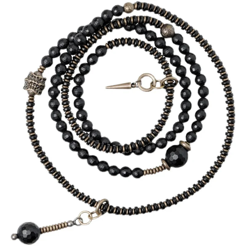 Tibetan Vintage Wrap Bracelet · Black Agate, Brass & Ebony Wood · Multi-Layer Long Strand