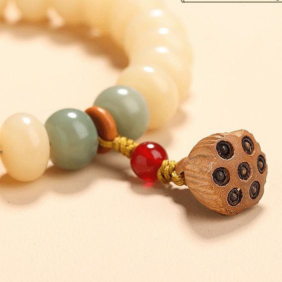 Cream-Toned White Jade Bodhi Bracelet with Boxwood Lotus Pod – Available in Single, Double Wrap, or 108 Mala