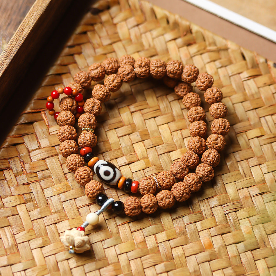 Original Form Small Rudraksha Double Wrap Bodhi Bracelet with Boxwood Carved Lotus Pendant