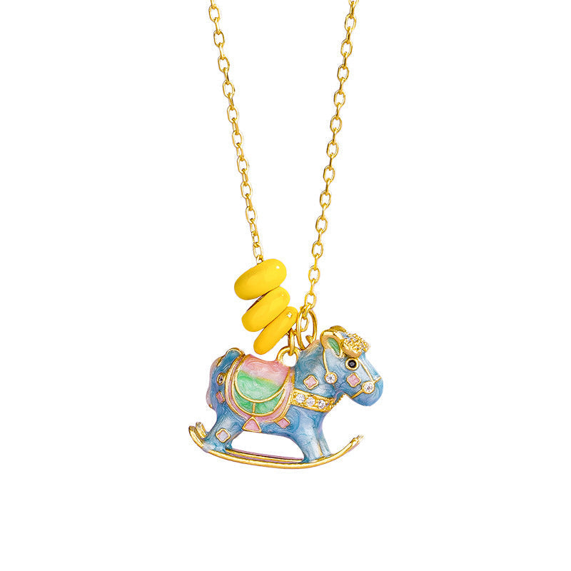 Wooden Horse Necklace for Women – S925 Silver Macaron Enamel Mini Horse Pendant Celebrating the Year of the Horse