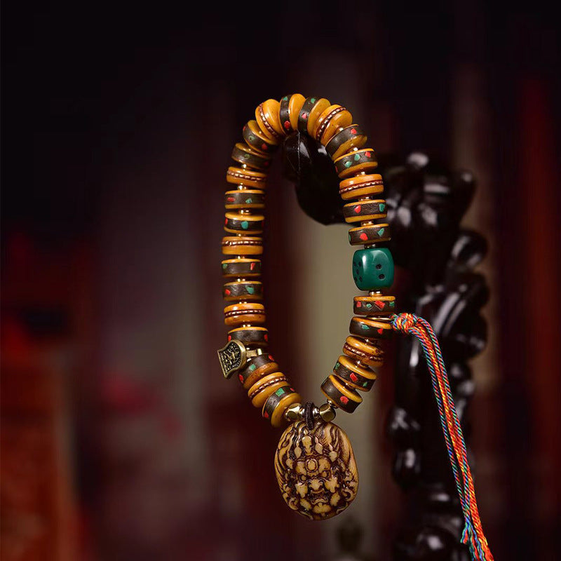 Tibetan Camel Bone Bead Bracelet with Old Copper Inlay – Handcrafted Tibetan-Style Prayer Bead Bracelet