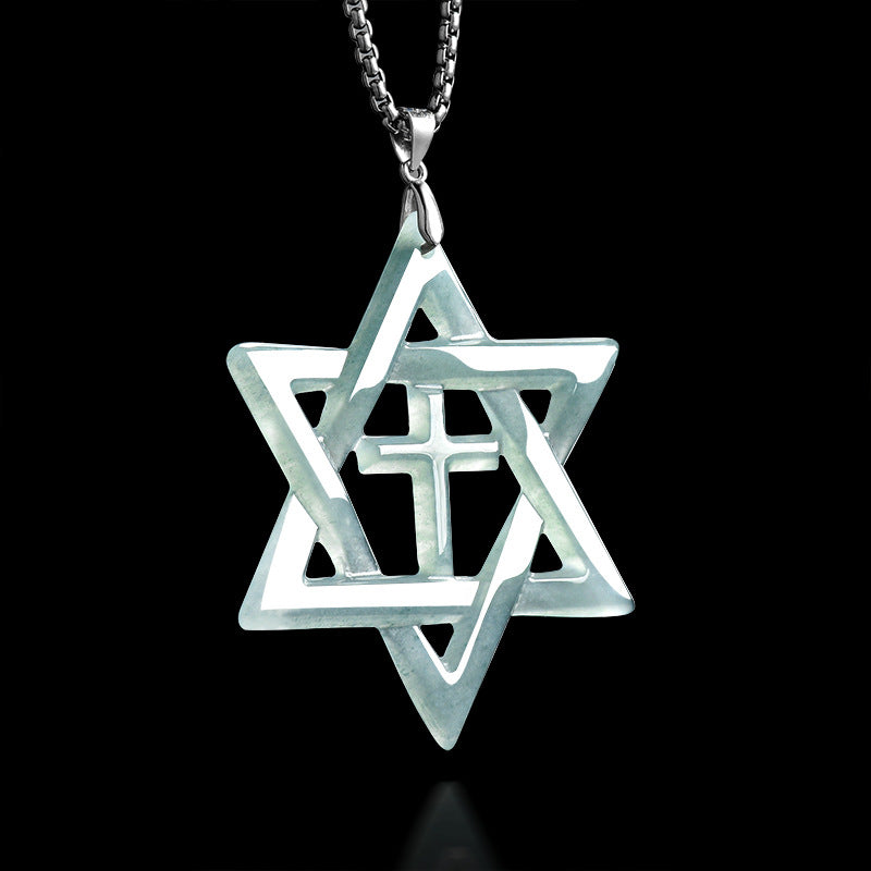 Natural Blue Water Jadeite Hexagram Cross Pendant – A-Grade Jade, S925 Silver, Unisex Fashion Necklace