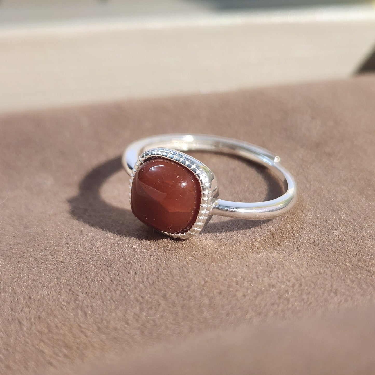 S925 Sterling Silver Hetian Jade & Agate Cube Ring – Adjustable Design