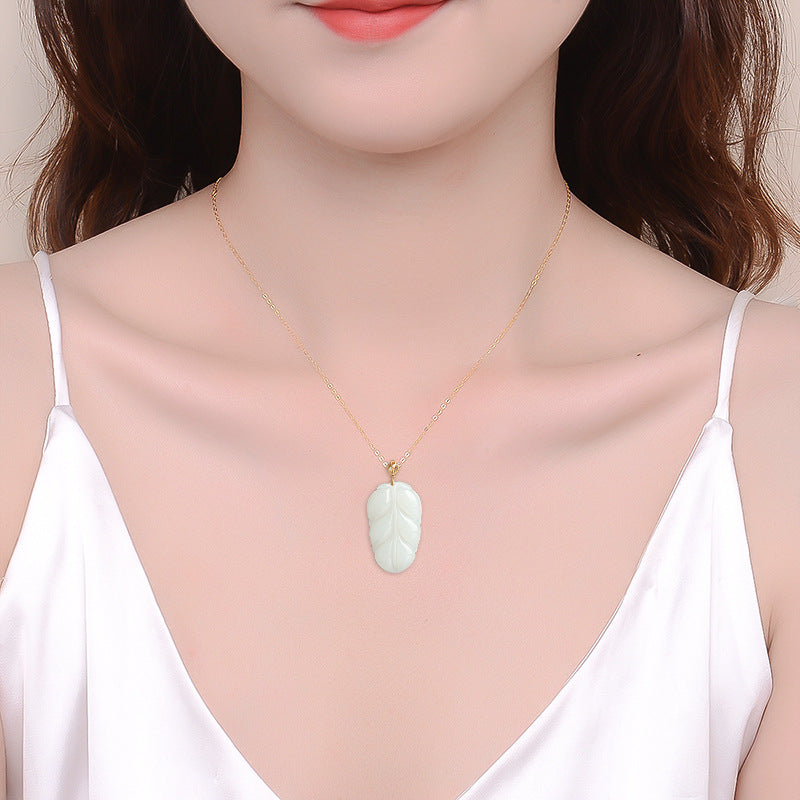 Natural Aged Hetian White Jade Gold Branch & Jade Leaf Pendant for Women