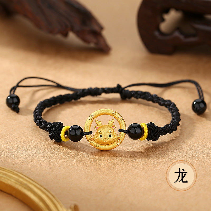 Women’s S925 Silver Peace Circle 12 Chinese Zodiac Bracelet – Woven Black Cord