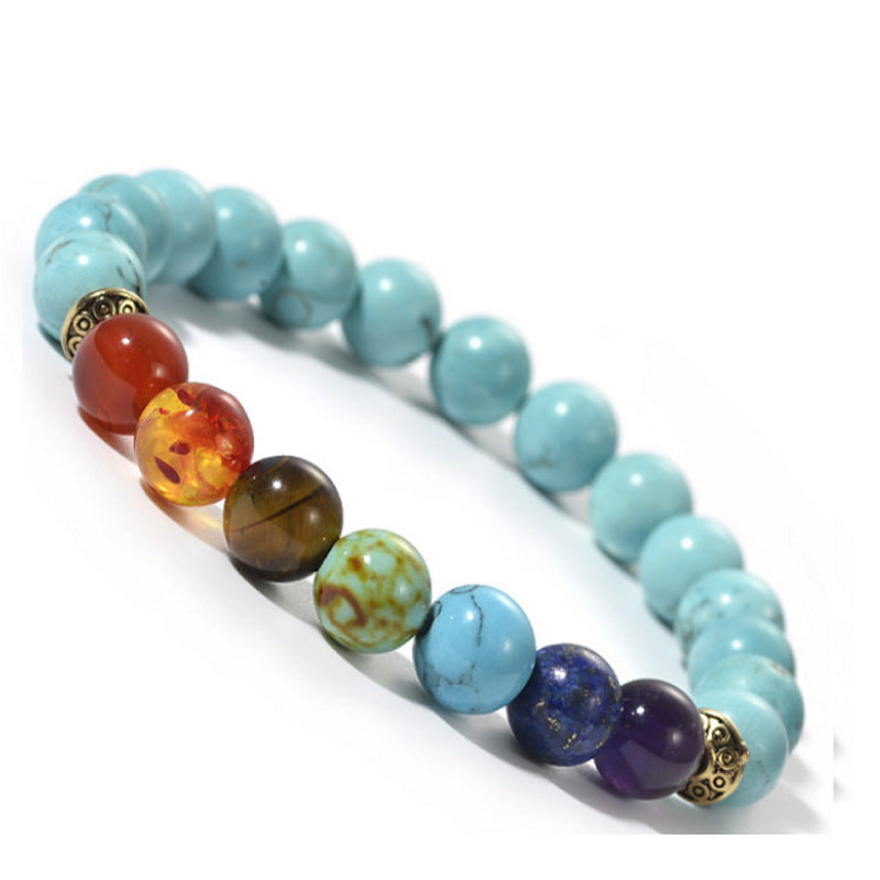 Seven Chakra Beaded Bracelet for Meditation Yoga Bracelet Pink Crystal White Turquoise Tiger Eye Stone Volcanic Stone
