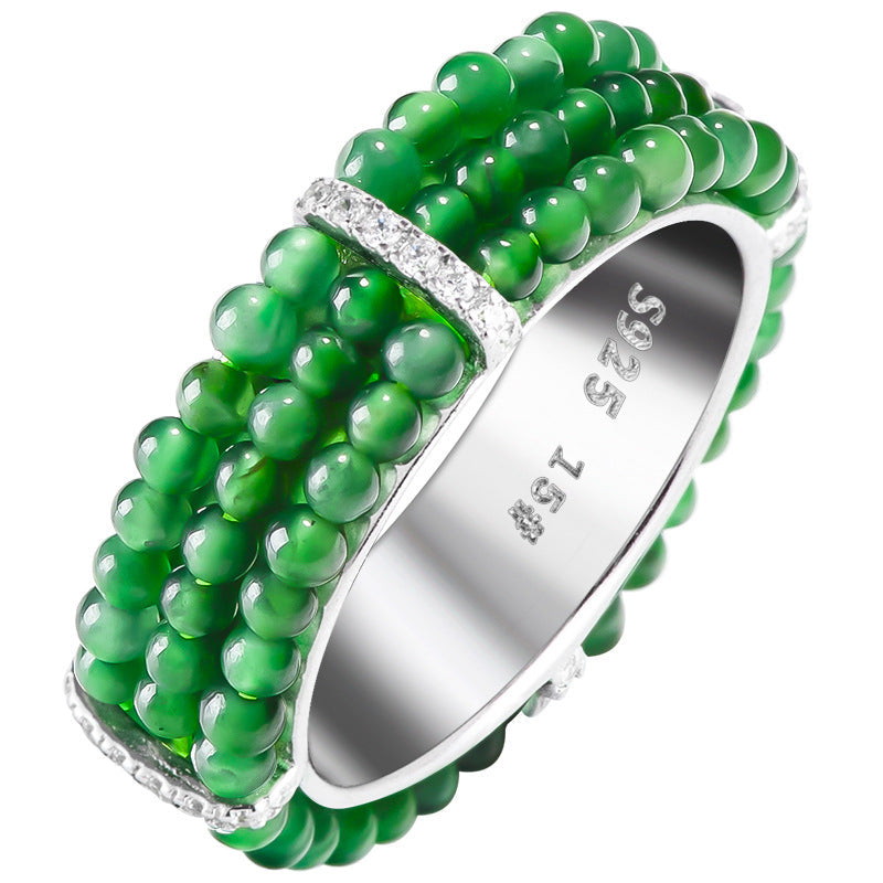 Natural A-Grade Jade “Emerald Green” Beaded Ring — S925 Sterling Silver