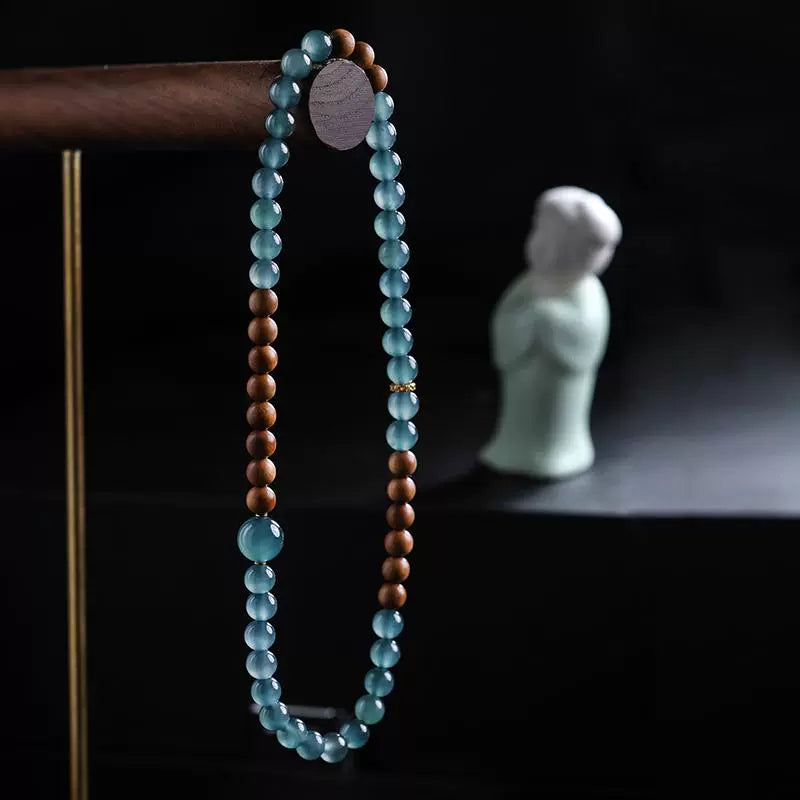 Premium Blue Ice Jadeite Double-Layer Bracelet with Authentic Mysore Old Sandalwood Prayer Beads