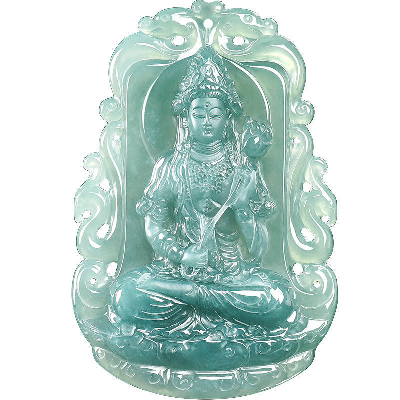 Natural Blue Water Jadeite Mahasthamaprapta Guanyin Pendant – A-Grade Ice-Type Jade, Compassion & Protection Talisman