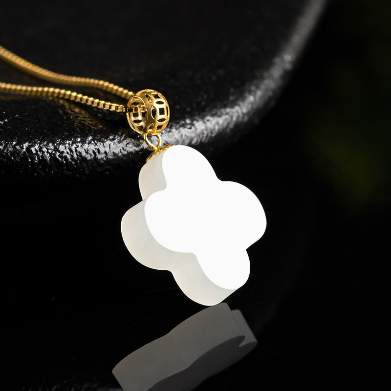 Natural Hetian White Jade Four-Leaf Clover Pendant for Men & Women