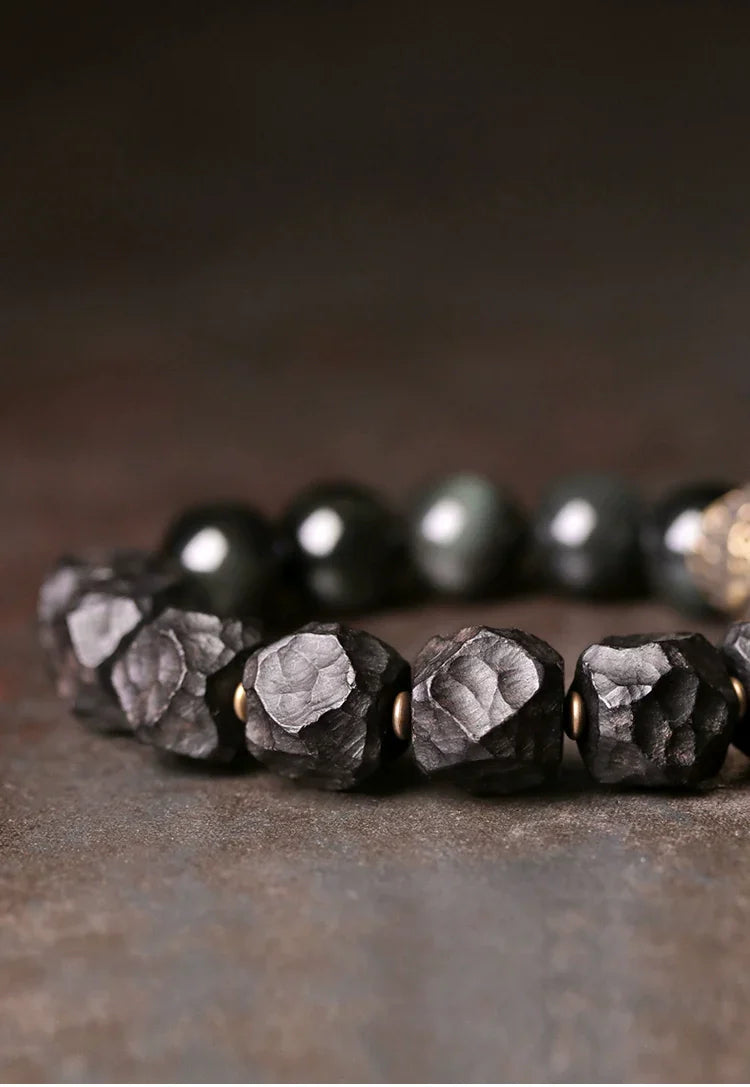 Tibetan Vintage Ebony Wood, Black Obsidian & Brass Bracelet – For Strength & Protection