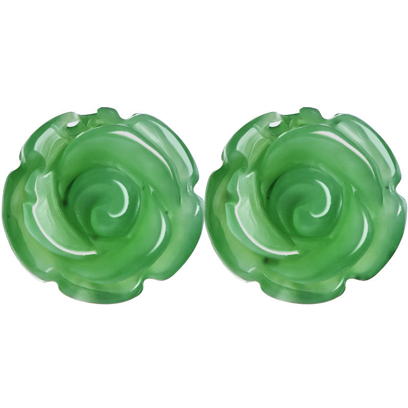 Women’s Aged Hetian Green Jade Rose Stud Earrings with S925 Silver Inlay