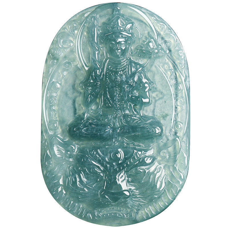 Natural Blue Water Jadeite Akasagarbha Bodhisattva Pendant – Zodiac Ox and Tiger Guardian Buddha