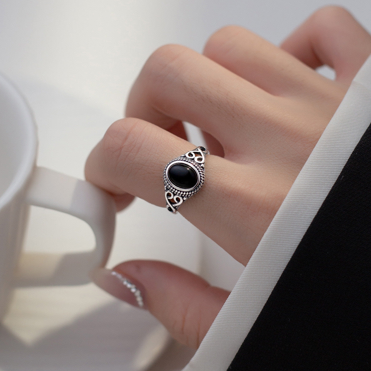 Vintage S925 Sterling Silver Ring with Agate & Turquoise – Adjustable Open Design for Women