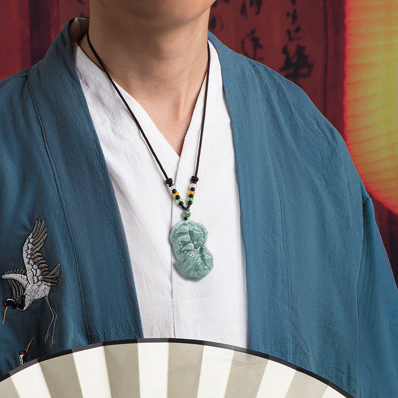 Natural Ice Green Jadeite Pi Xiu Pendant – A-Grade Jade “Ruyi Bawang” Wealth Talisman for Men