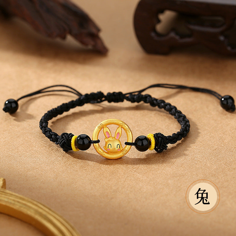 Women’s S925 Silver Peace Circle 12 Chinese Zodiac Bracelet – Woven Black Cord