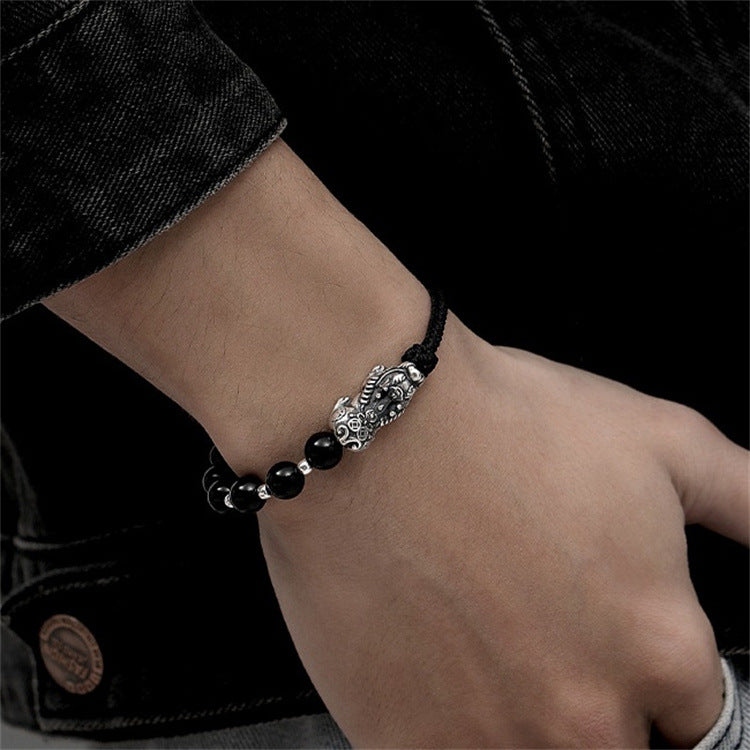 Natural Obsidian Hand-woven Boys Silver Pixiu Feng Shui Bracelet