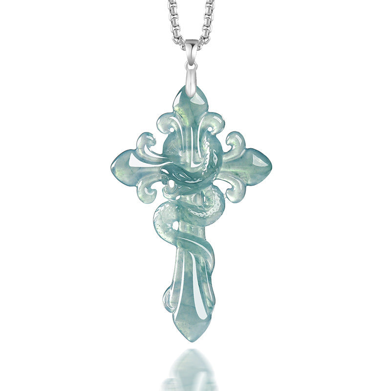 Natural Blue Water Jadeite Serpent-Wrapped Cross Pendant – A-Grade Jade, S925 Silver Clasp, Steel-Titanium Chain