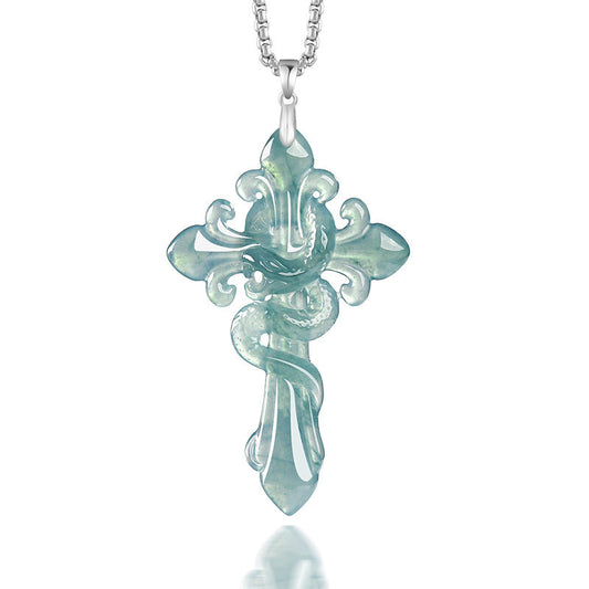Natural Blue Water Jadeite Serpent-Wrapped Cross Pendant – A-Grade Jade, S925 Silver Clasp, Steel-Titanium Chain