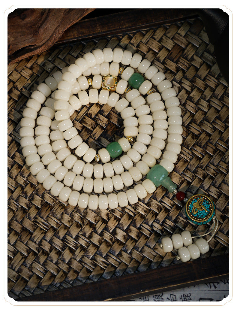 Straight-Cut White Jade Bodhi Root 108 Mala (9×6mm) – Clean & Minimalist Design