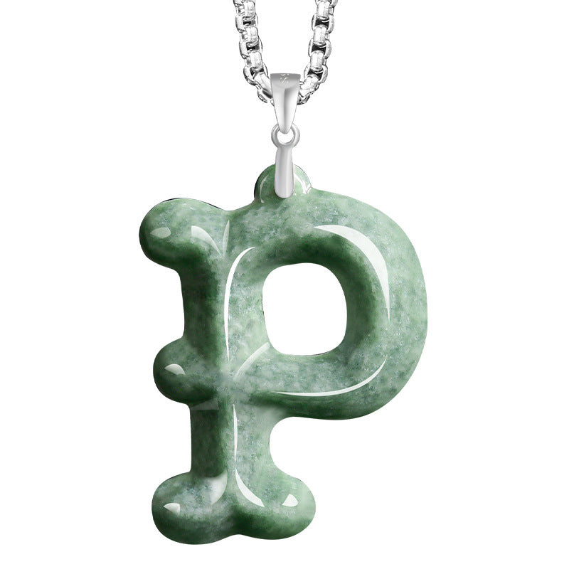 Natural A-Grade Jadeite Letter Pendant – S925 Silver Setting, Ice-Type Jade, Hip-Hop & Personalized Style