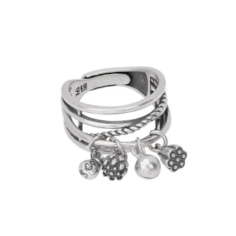 S999 Pure Silver Vintage Multi-Layer Ring with Bell, Lotus Tassel Charms