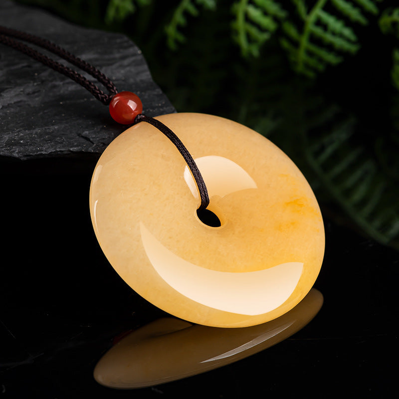 Natural Xinjiang Golden Silk Jade Pi Disc Pendant – Hand-Carved Peace Charm, Unisex Feng Shui Jewelry