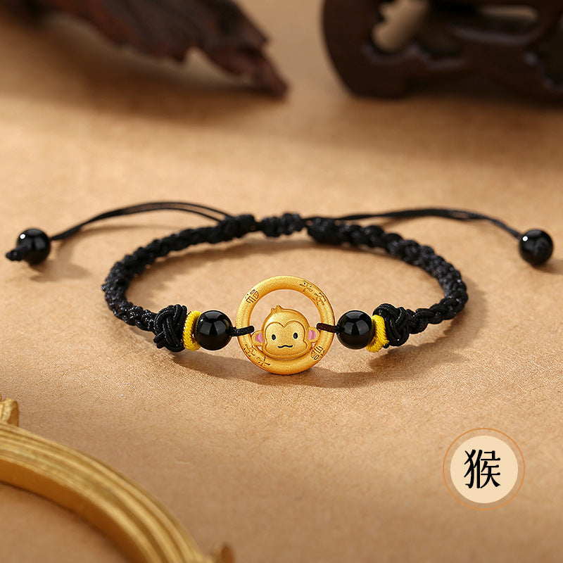 Women’s S925 Silver Peace Circle 12 Chinese Zodiac Bracelet – Woven Black Cord