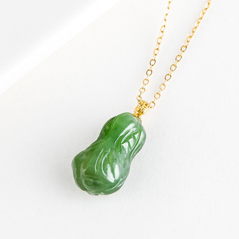 Natural Spinach Green Aged Hetian Jade Cabbage Pendant with 18K Gold Clasp for Women