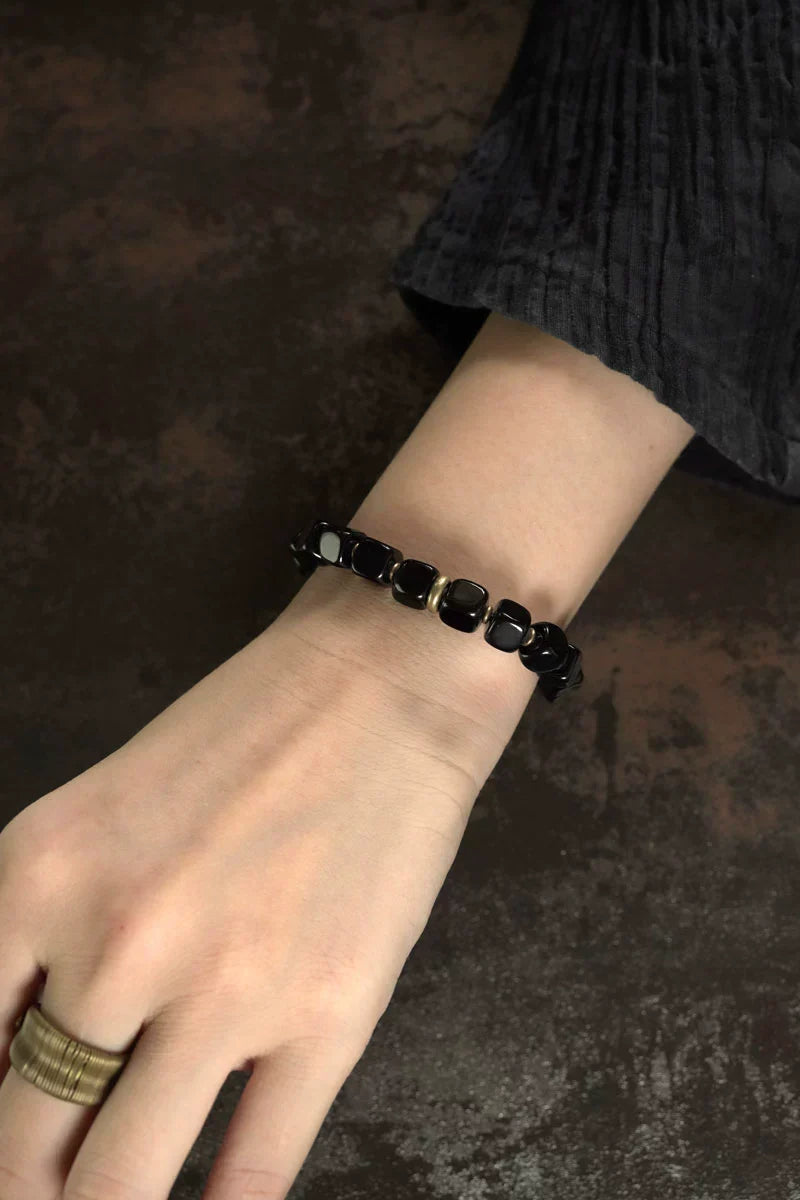 Obsidian & Brass Tibetan Vintage Couple Bracelet – Grounding & Protection