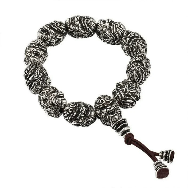 Vintage Men's Silver Bracelet Sun Wukong Fighting Buddha Beaded Bracelet