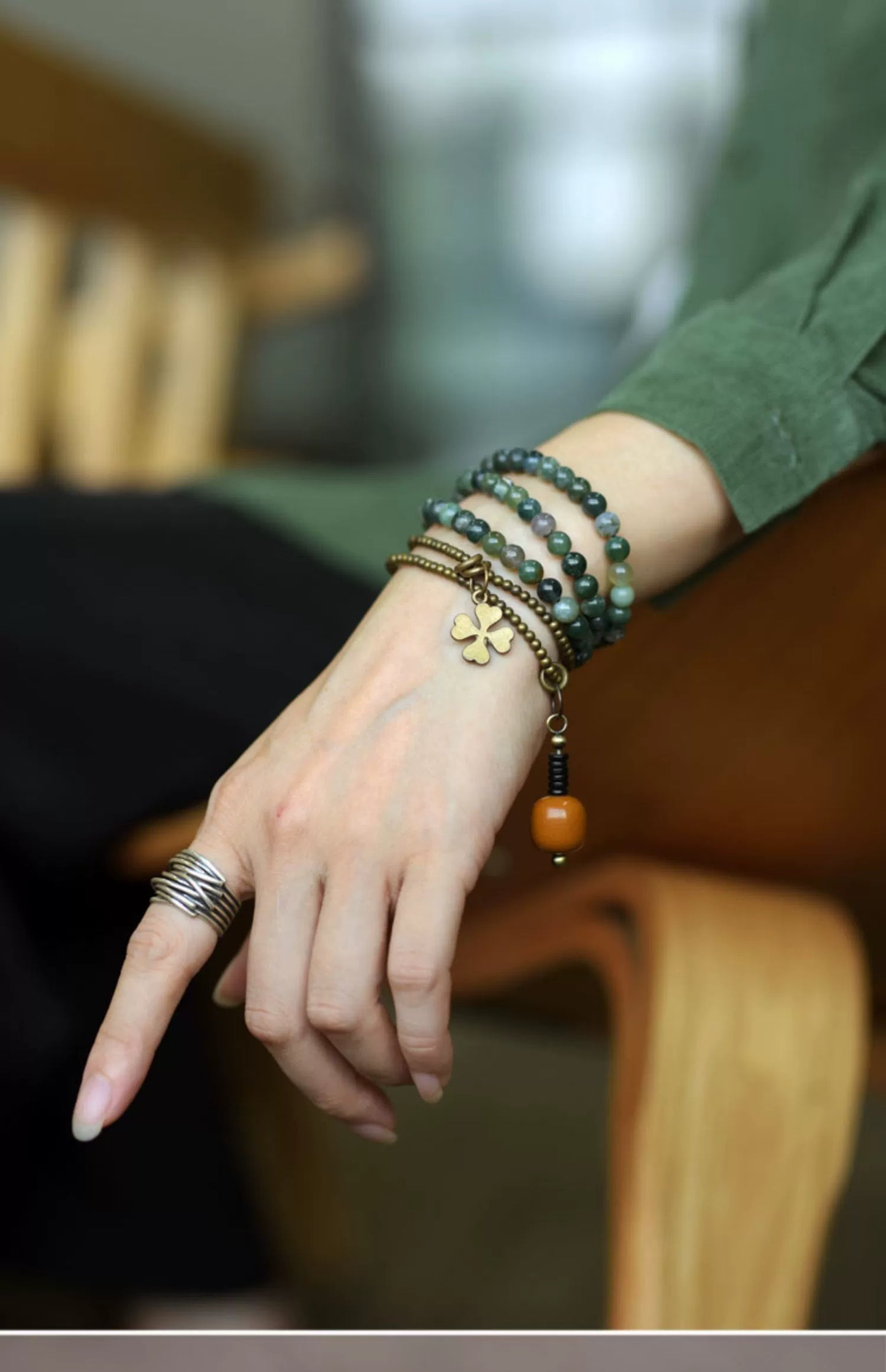 Vintage Multi-Layer Moss Agate & Yellow Jade Bead Bracelet – Buddhist Wrap Bracelet