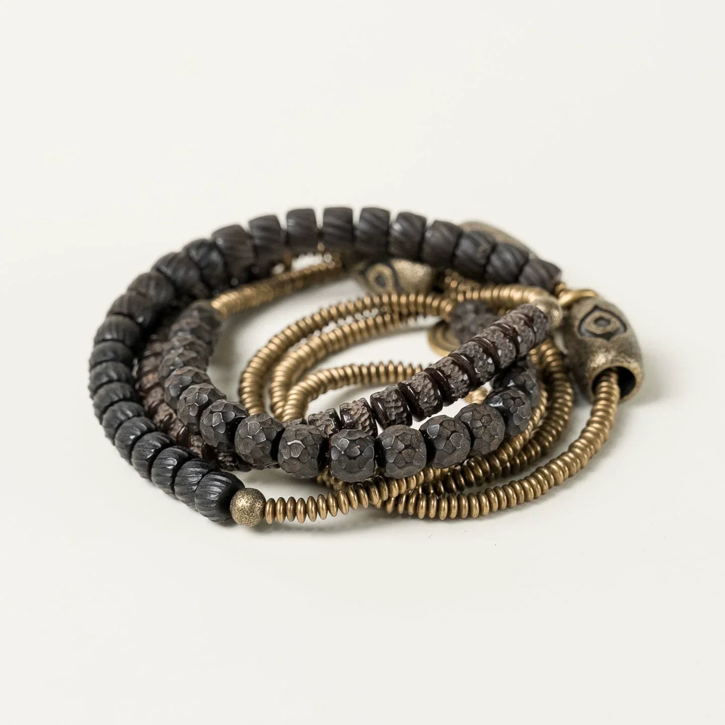 Tibetan Handmade Double-Wrap Coconut Shell & Brass Dzi Bracelet · Earthborn Wisdom, Sacred Protection