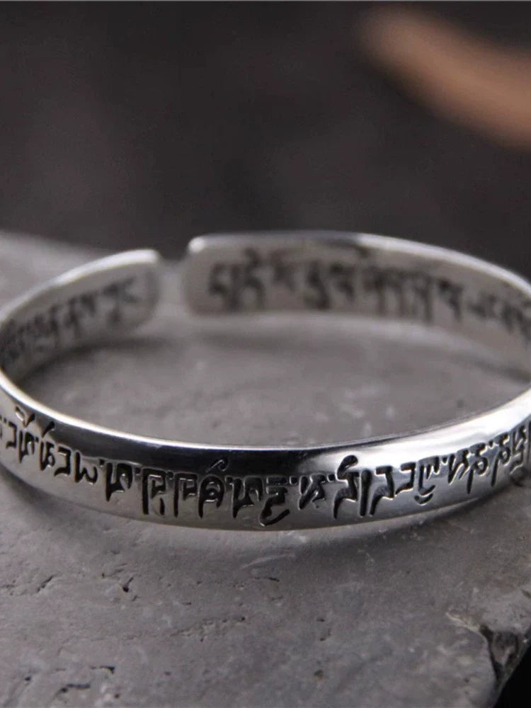 S925 Sterling Silver Six-character Mantra Open Bracelet, Retro Sanskrit Solid Men's and Women's Bracelets