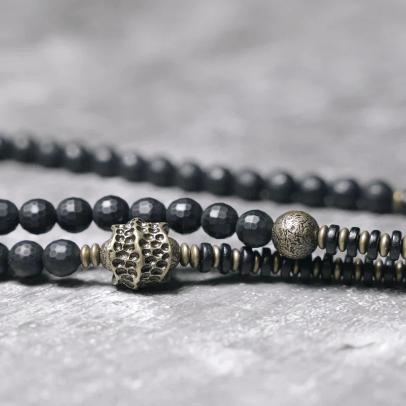 Tibetan Vintage Wrap Bracelet · Black Agate, Brass & Ebony Wood · Multi-Layer Long Strand