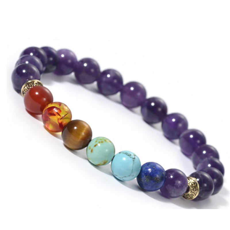 Seven Chakra Beaded Bracelet for Meditation Yoga Bracelet Pink Crystal White Turquoise Tiger Eye Stone Volcanic Stone