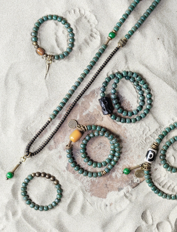 Green Bodhi Beads Bracelet with Ebony & Brass Spacers · Multi-Layer Spiritual Mala for Meditation & Mindfulness