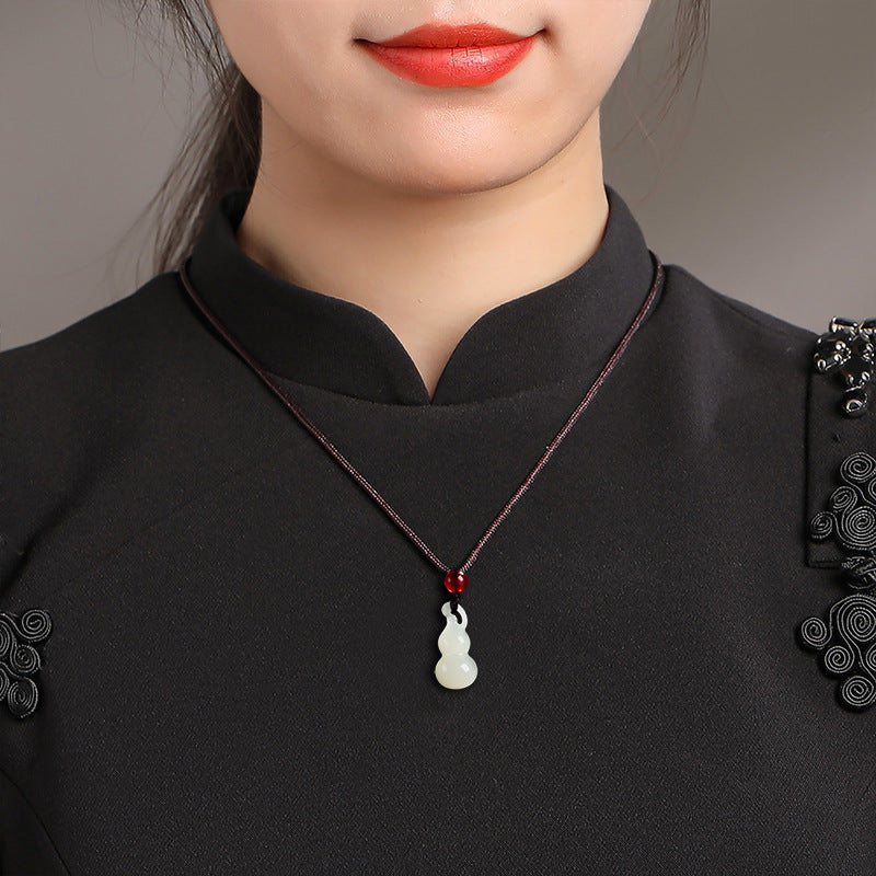Natural Hetian White Jade Gourd Pendant – Feng Shui Wealth & Blessings Necklace for Men & Women