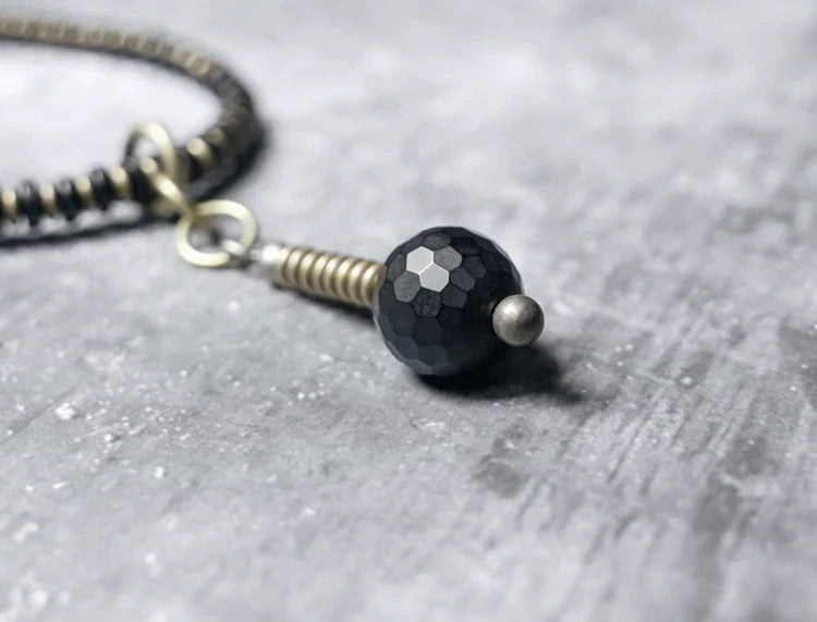 Tibetan Vintage Wrap Bracelet · Black Agate, Brass & Ebony Wood · Multi-Layer Long Strand