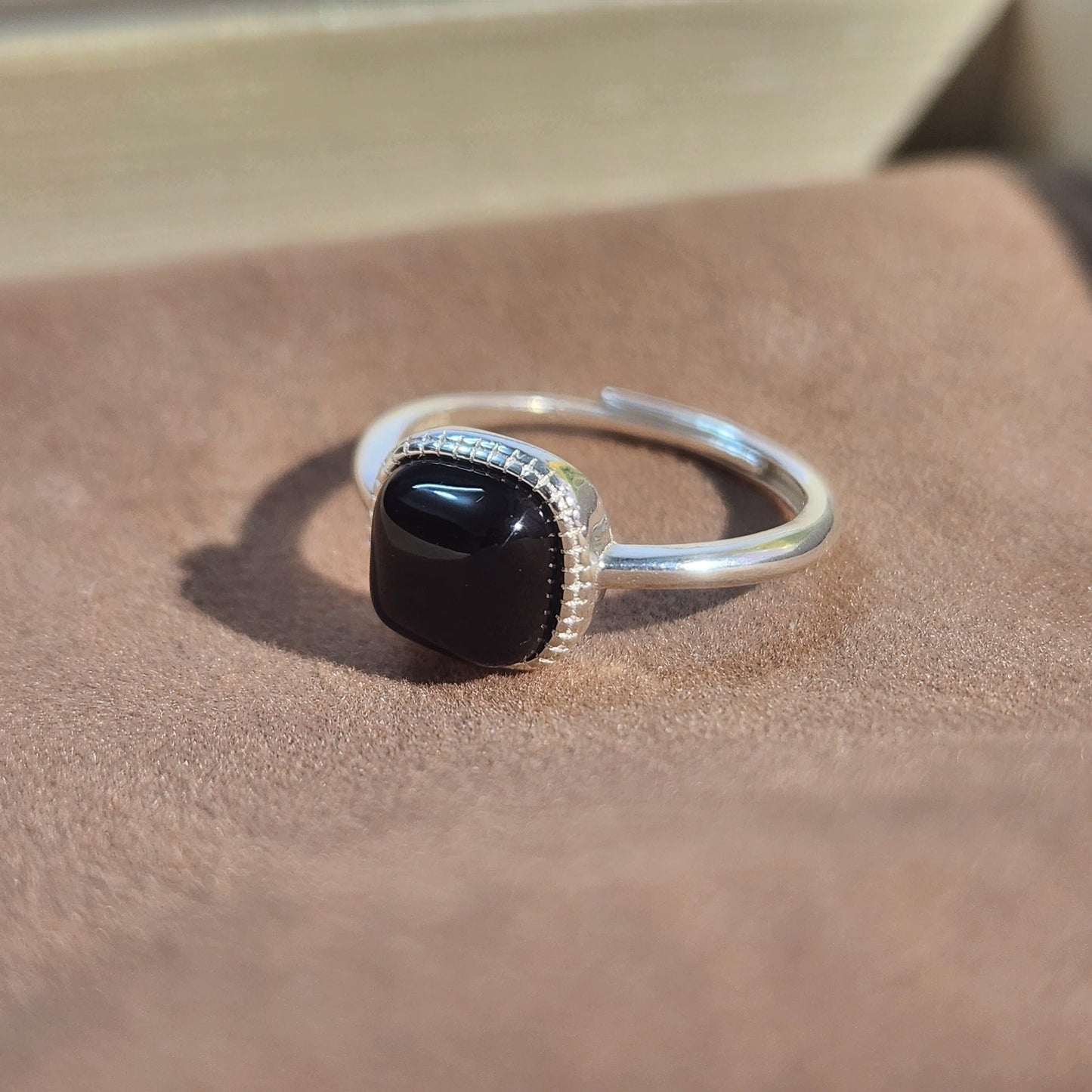 S925 Sterling Silver Hetian Jade & Agate Cube Ring – Adjustable Design