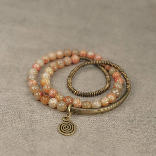 Vintage Coral & Brass Long Wrap Bracelet · Multi-Strand Retro Style for Women