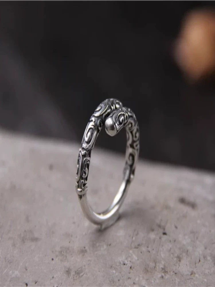S925 Sterling Silver Retro Sun Wukong Golden Cudgel Ring Adjustable Unisex Finger Ring