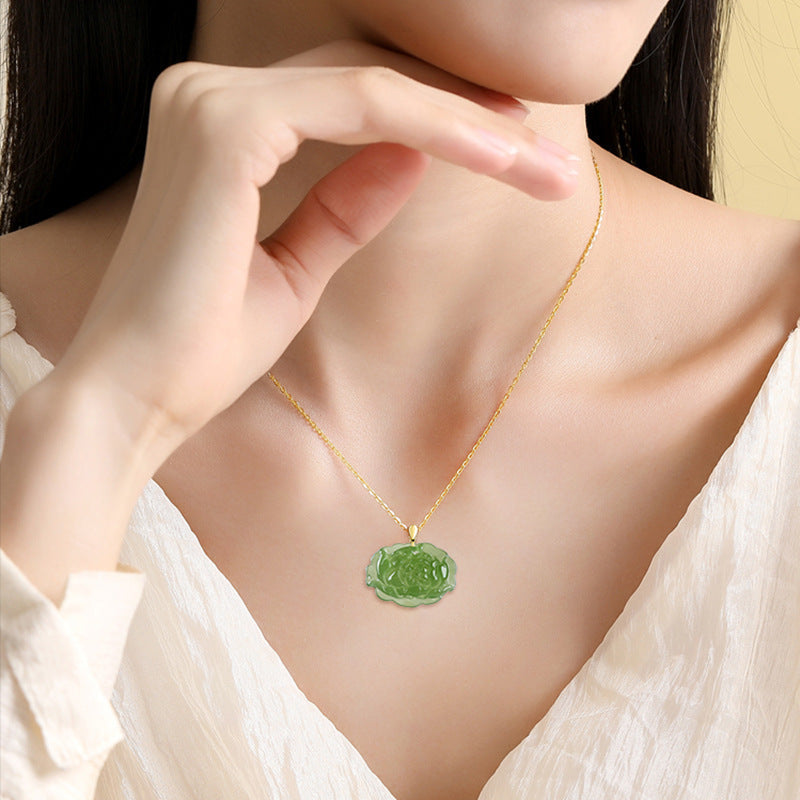 Authentic Hetian Green Jade Peony Pendant for Women, 18K Gold Setting