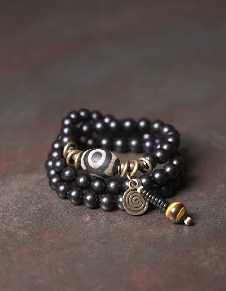 Vintage Multi-Layer Ebony Bead Bracelet with Tiger Eye & Dzi Bead for Protection
