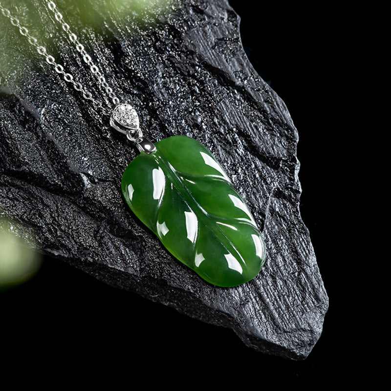 Natural Spinach Green Hetian Jade Leaf Necklace, Unisex Design, 925 Sterling Silver Setting