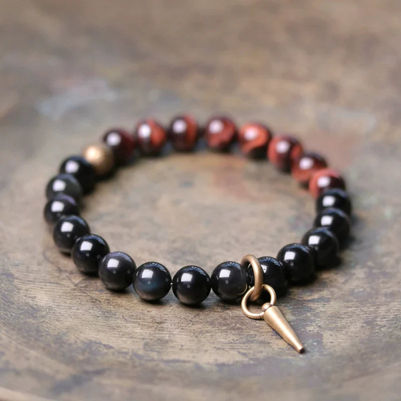 Tibetan Obsidian Bracelet with Colorful Beads for Protection & Balance